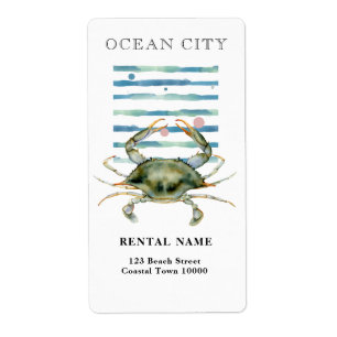 ÉTIQUETTE CRABE A L'AQUARELLE, VILLE BALNÉAIRE, VILLE OCÉANI