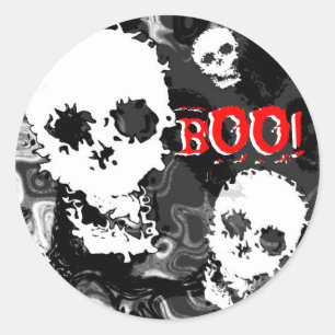 Étiquette crâne B & W 'BOO!' texte rouge