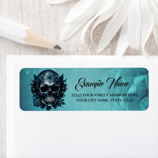 Étiquette Crâne bleu foncé avec rose (En situation)