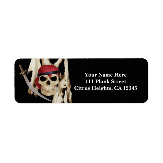 Étiquette Crâne de Pirate & Épée Fête Noire (Devant)