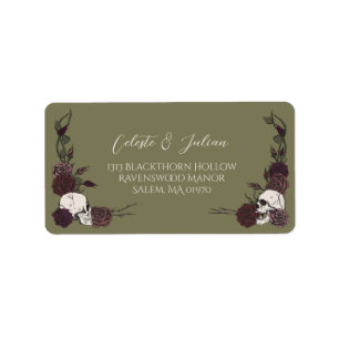 Étiquette Crâne Floral Vert Olive Gothique Adresse de Retour