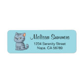 Étiquette Cranky Grey Tabby Cat on Blue (Devant)