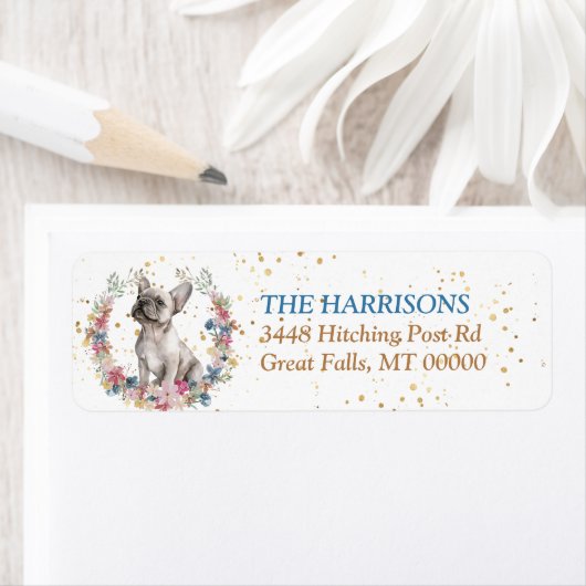 Étiquette Creamy White French Bulldog Spring Flowers Wreath (En situation)