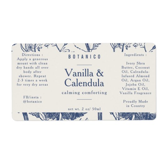 Étiquette Crème Bleue Ingrédients Botaniques Emballage natur (Devant)