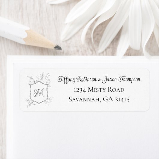 Étiquette Crest Monogram Foliage Black and White Address (En situation)