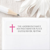 Étiquette Croix rose Première communion sainte Adresse de re (En situation)