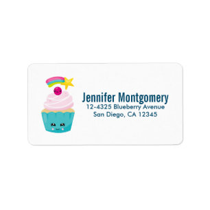 Étiquette Cupcake bleu mignon avec visage Kawaii