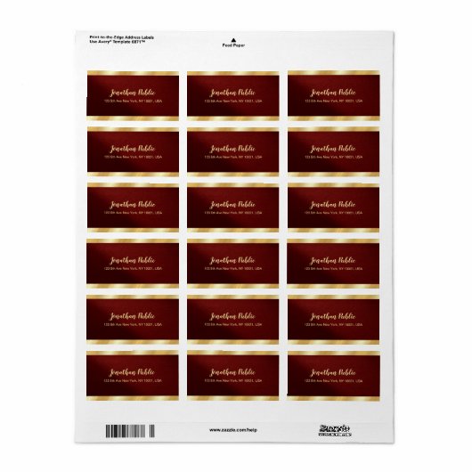 Étiquette Custom Elegant Bordeaux & Gold Template Address (Feuille entière)