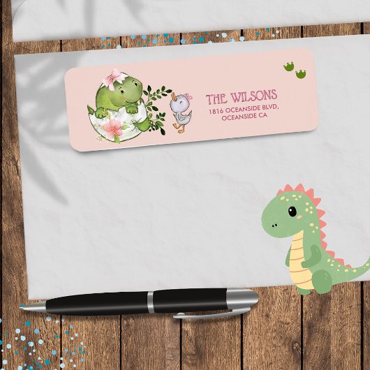 Étiquette Custom Hatching Dino & Duckling Return Address