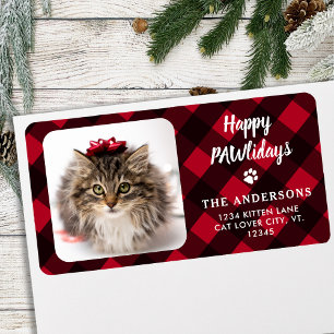 Étiquette Custom Photo Red Buffalo Plaid Happy PAWlidays