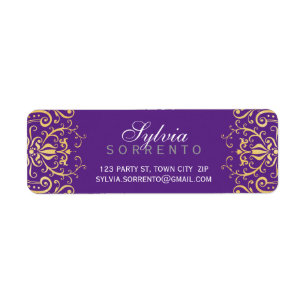Étiquette CUSTOM vintage élégant filigree damask or violet