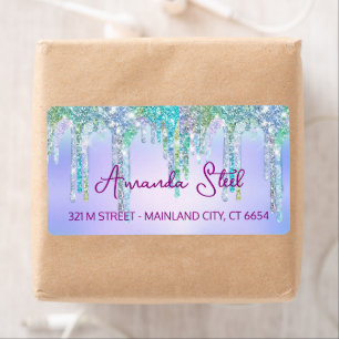 Étiquette Cute Aqua Turquoise Unicorn Glitter Drips monogram