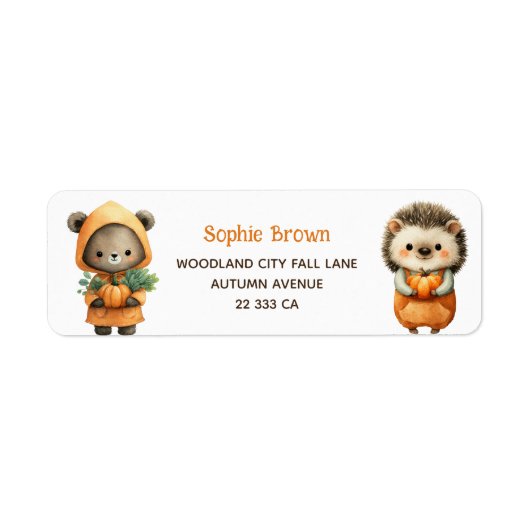 Étiquette Cute Bear& Hedgehog Woodland Fall Return Address  (Devant)