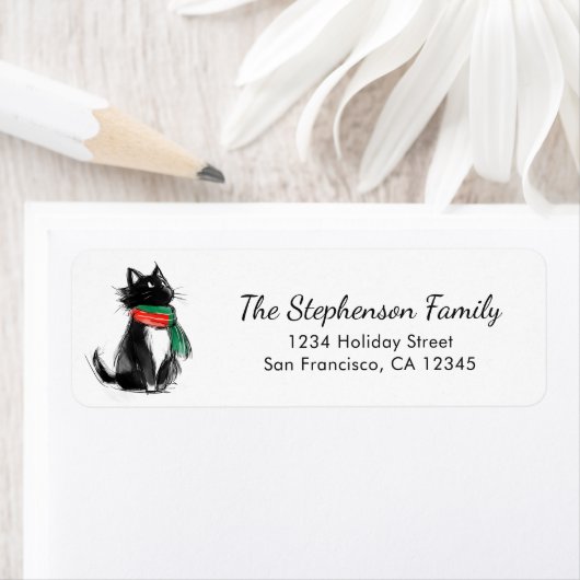 Étiquette Cute Black and White Cat Sketch Return Address (En situation)