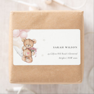 Étiquette Cute Blush Bear Balloon Floral Bunch Coeur