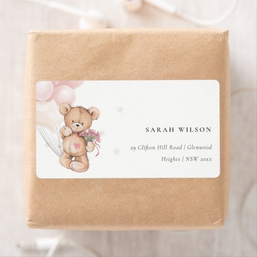 Étiquette Cute Blush Bear Balloon Floral Bunch Coeur (En situation)