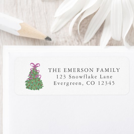 Étiquette Cute Bow Christmas Tree Return Address label