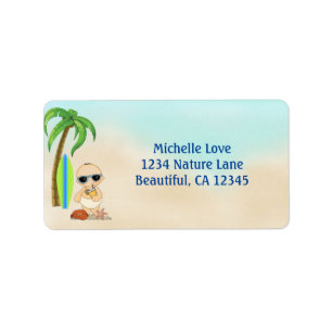 Étiquette Cute Boy Beach Baby and Surfboard Adresse tropical