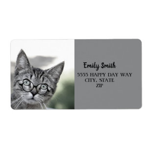 Étiquette Cute Cat with Glasses Gray Address Label
