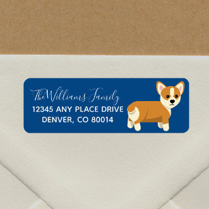 Étiquette Cute Corgi Adresse de retour bleue personnalisée