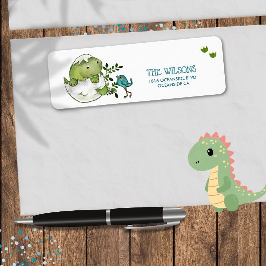 Étiquette Cute Dino Baby Boy Shower Return Address