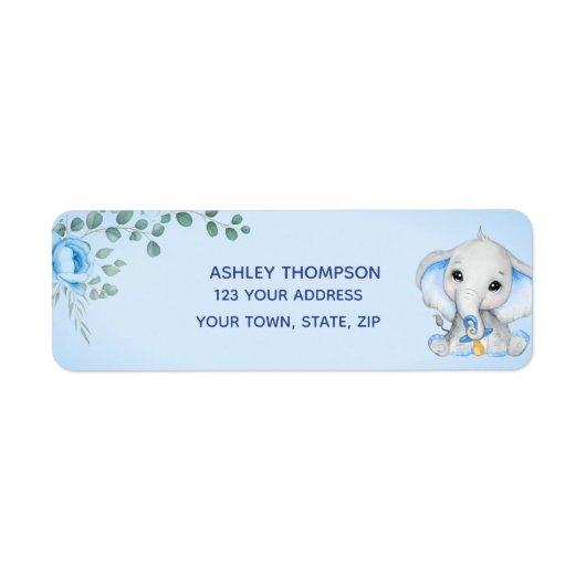 Étiquette Cute Elephant Baby shower Boy Blue Floral Adresse (Devant)