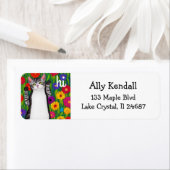 Étiquette Cute Folk Art Chat disant Hi parmi les fleurs (En situation)