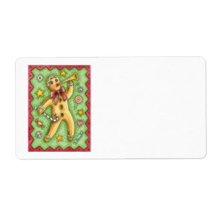 Étiquette Cute Gingerbread Man Blowing Horn, Christmas Candy