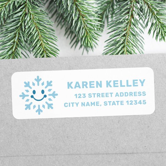 Étiquette Cute happy snowflake blue white return address