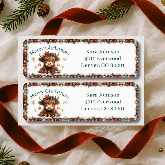 Étiquette Cute Highland Cow Christmas Return Address