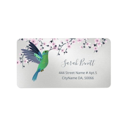 Étiquette Cute Hummingbird Cherry Blossom Vert Argent (Devant)