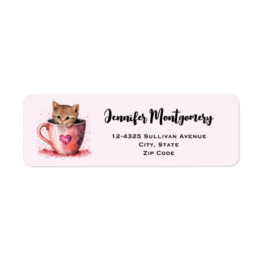 Étiquette Cute Kitten dans un Teacup avec les coeurs (Devant)