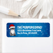 Étiquette Cute Père Noël Christmas Cat Blue Adresse de retou (En situation)