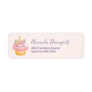 Étiquette Cute Pink Cupcake Unicorn with Roses