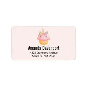 Étiquette Cute Pink Cupcake Unicorn with Roses