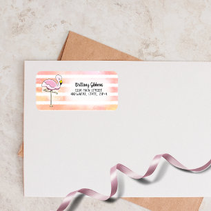Étiquette Cute Pink Flamingo Stripes Return Address