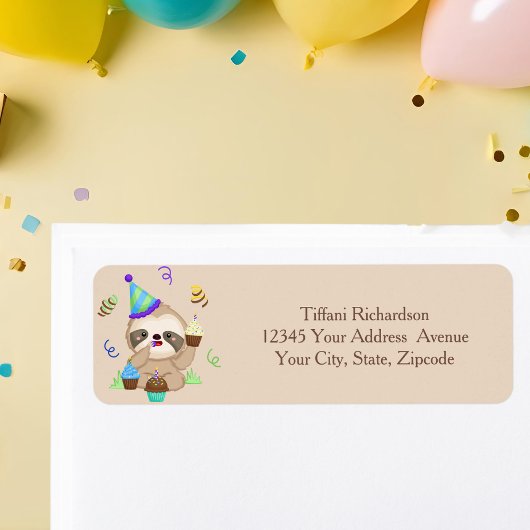 Étiquette Cute Sloth Cupcake Birthday Party Return Address