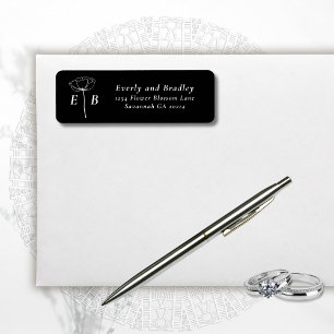 Étiquette d'adresse à monogramme floral blanc noir