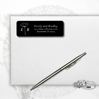 Étiquette d'adresse à monogramme floral blanc noir