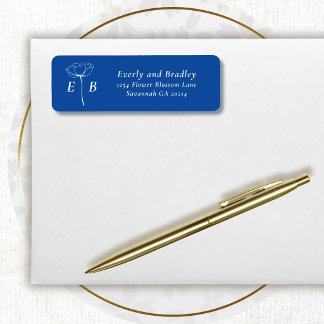 Étiquette d'adresse à monogramme floral bleu royal