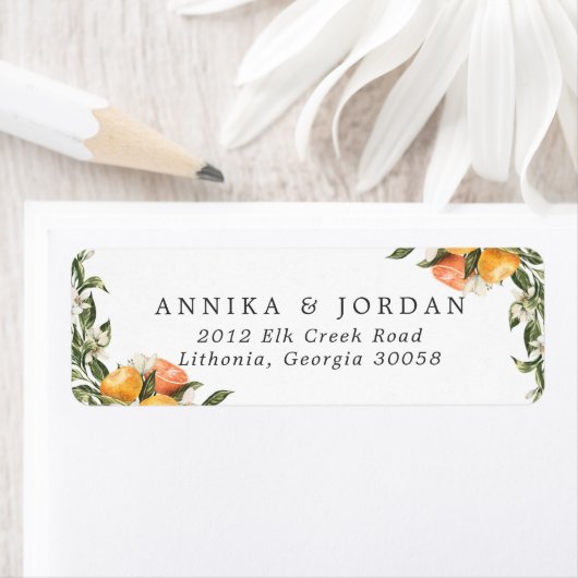 Étiquette d'adresse de mariage avec agrumes et ver (En situation)