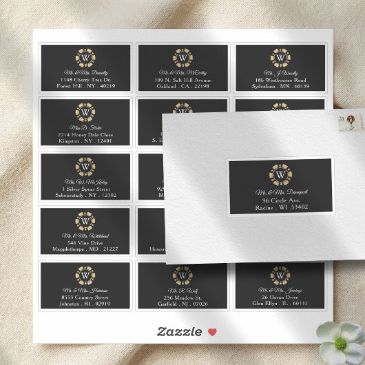 Étiquette d'adresse de mariage avec monogramme dor