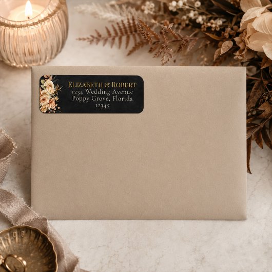 Étiquette d'adresse de mariage florale noire de so