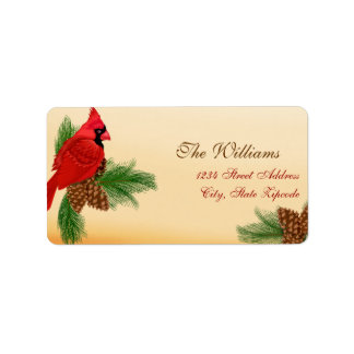 Étiquette d'adresse de Noël Cardinal Rouge & Pins