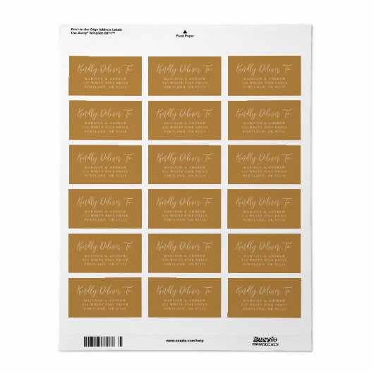 Étiquette d'adresse de réponse simple script ocre (Feuille entière)