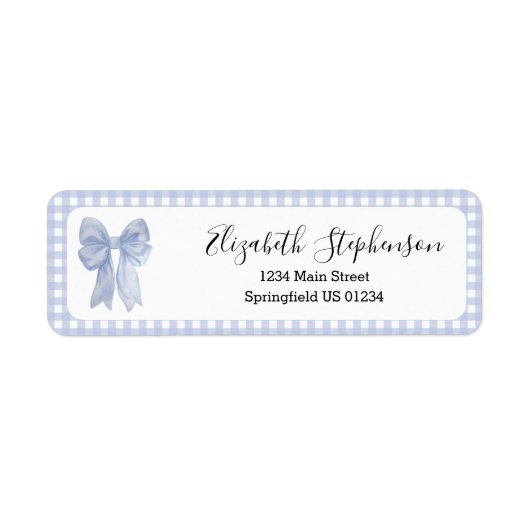 Étiquette d'adresse de retour à ruban gingham bleu (Devant)