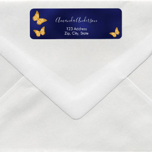 Étiquette d'adresse de retour bleu marine papillon