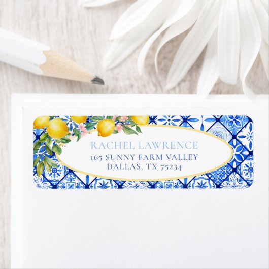 Étiquette d'adresse de retour Carrelage bleu itali (En situation)