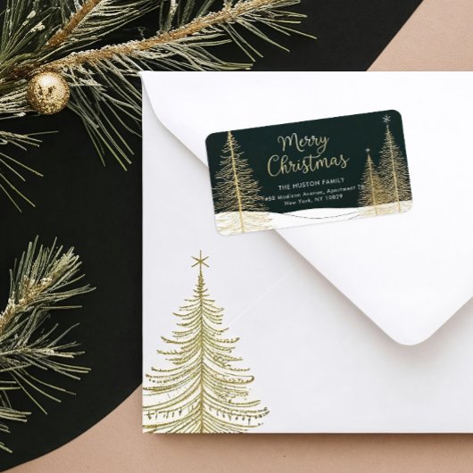 Étiquette d'adresse de retour d'arbres de Noël dor