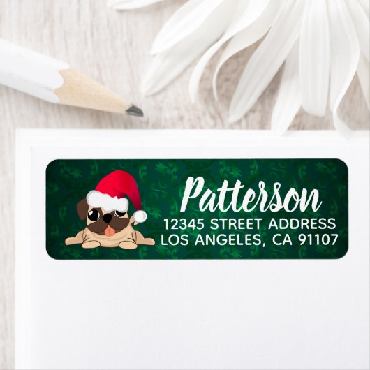 Étiquette d'adresse de retour de Noël Pug (En situation)